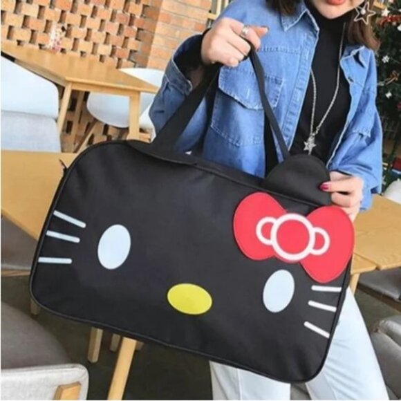 Hello Kitty Black Travel Duffel Bag With Red Bow & Adjustable Strap By Sanrio - Picture 5 of 6
